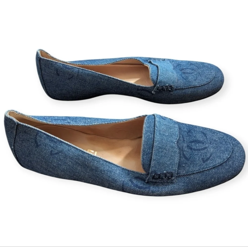 Vintage Y2K Chanel Denim Loafers Rare Designer Luxury Slip-On Shoes Flats Sz 10